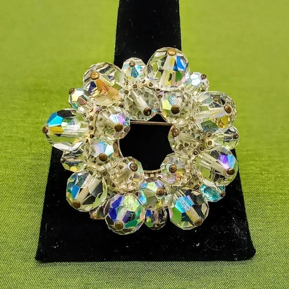 Vintage Aurora Borealis Crystal Round Pin Silver Textured Brooch